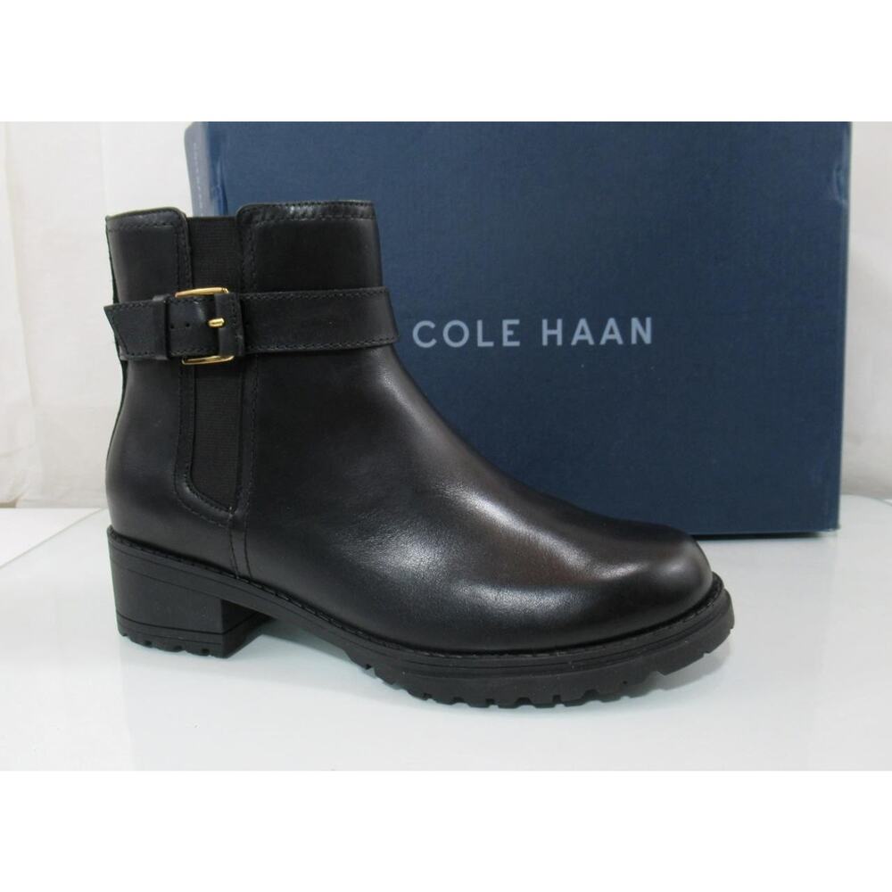 Cole Haan Catherine Size 7.5 Waterproof Block Heel Zip Bootie Black Leather